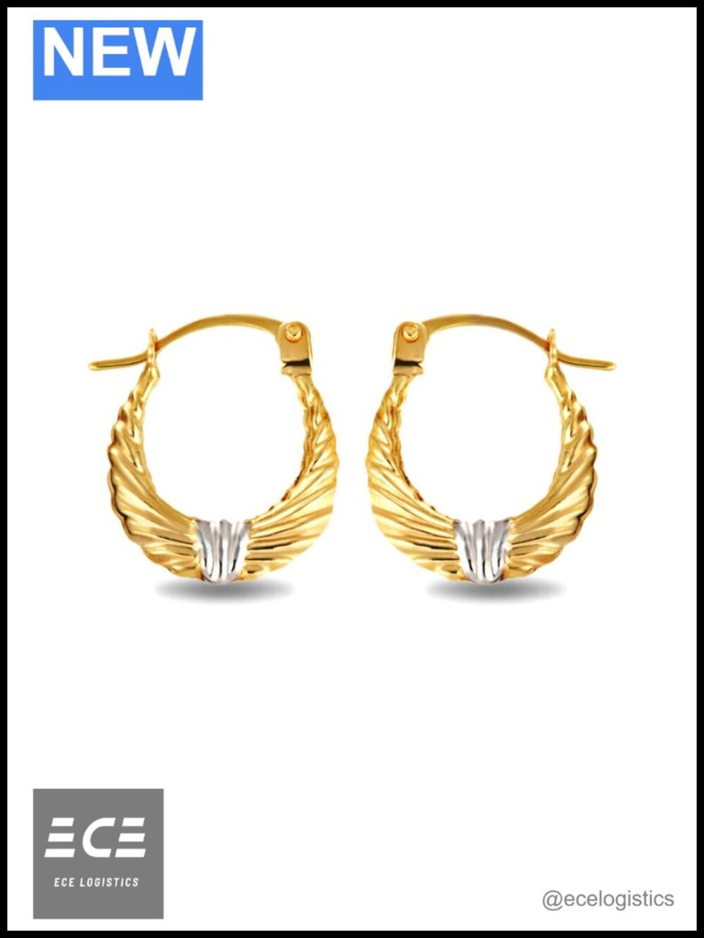14K Two-Tone Solid Gold Ribbed Reversible Hoop Earrings 0.50 Inch